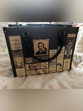 “Poes Library leather tote bag w/strap